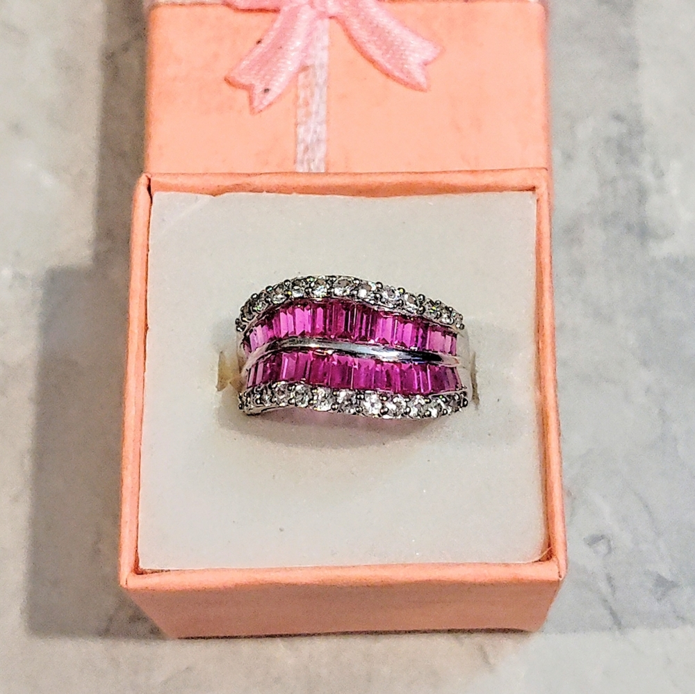 STERLING SILVER RUBY & DIAMOND RING BAGUETTE CUT RUBY & ROUND CUT DIAMONDS 8½ - Picture 3 of 16